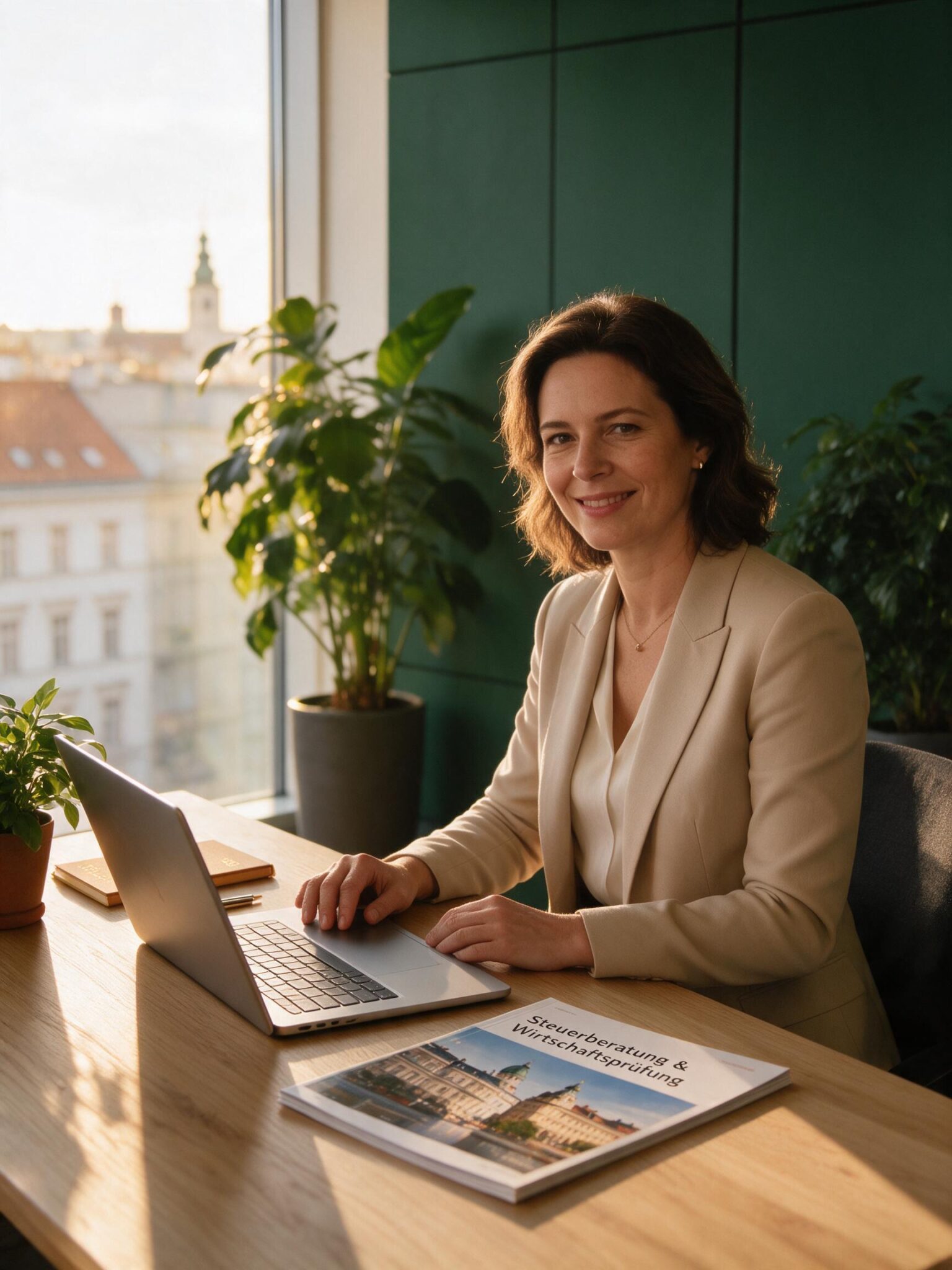 Steuerberaterin am Schreibtisch im Wiener Kanzlei-Büro